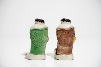 A pair of Chinese verte biscuit models of Liu Hai with the toad, Kangxi