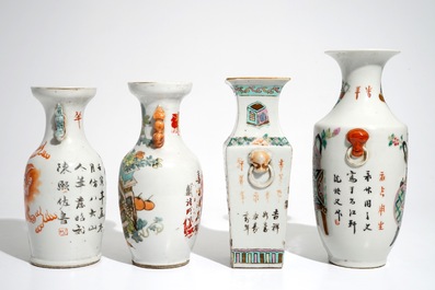 Vier Chinese qianjiang cai en famille rose vazen, 19e eeuw