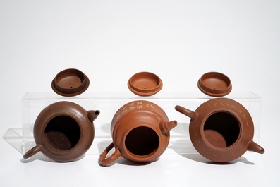 Three various Chinese Yixing stoneware teapots and covers, 19/20th C.