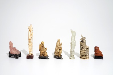 Seven Chinese carved ivory and hardstone figures in quartz, soapstone and goldstone, 19/20th C.