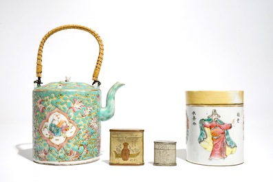 A Chinese famille rose box and cover, a large teapot and two engraved metal boxes, 19/20th C.