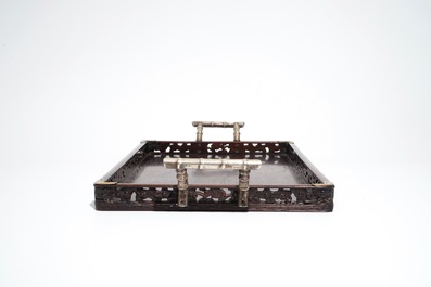 A Chinese wooden model of an ox and a wooden tray with silver handles, 19th C.