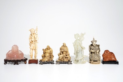 Seven Chinese carved ivory and hardstone figures in quartz, soapstone and goldstone, 19/20th C.