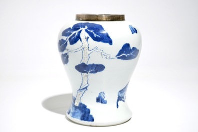 A Chinese silver-mounted blue and underglaze red vase with horses, Kangxi