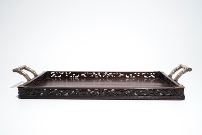 A Chinese wooden model of an ox and a wooden tray with silver handles, 19th C.