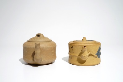 Two Chinese sand-coloured Yixing stoneware teapots, 20th C.