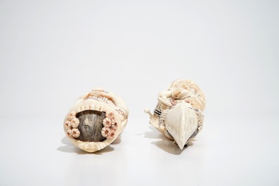 Two Japanese ivory okimono of ladies with headdresses, 19/20th C.