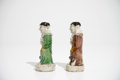 A pair of Chinese verte biscuit models of Liu Hai with the toad, Kangxi