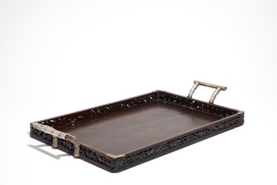 A Chinese wooden model of an ox and a wooden tray with silver handles, 19th C.