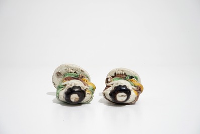 A pair of Chinese verte biscuit models of Liu Hai with the toad, Kangxi