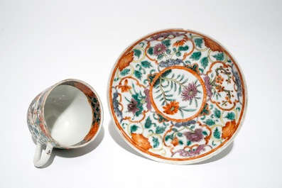 Six Chinese famille verte cups and saucers with floral design, 19th C.