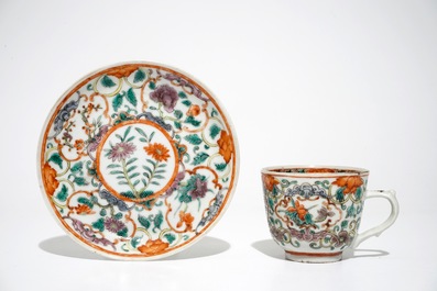 Six Chinese famille verte cups and saucers with floral design, 19th C.