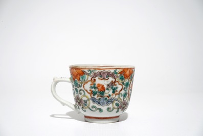 Six Chinese famille verte cups and saucers with floral design, 19th C.