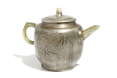 A Chinese inscribed pewter-encased Yixing stoneware teapot with jade, 20e eeuw