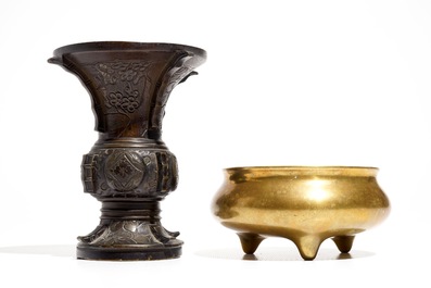 A Chinese bronze tripod censer, Xuande mark, and an archaistic bronze gu vase, 19/20th C.