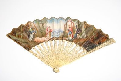 A Chinese tortoise and silk fan and an ivory example with painted European scene, 19th C.