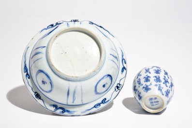 A Chinese blue and white klapmuts bowl, Wanli and a small globular '100 boys' vase, Kangxi mark, 19th C.