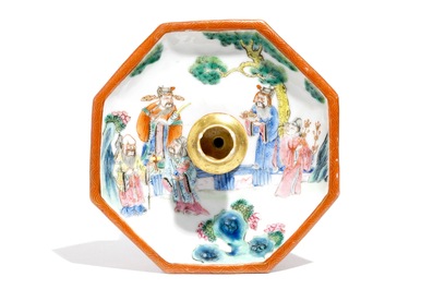 An unusual Chinese octagonal famille rose plate with central miniature censer, 19th C.