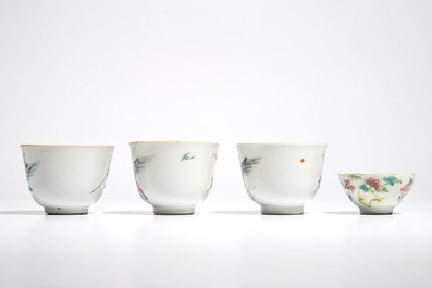 A Chinese famille rose vase and four cups, 19th C.