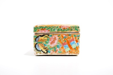 A rectangular Chinese Canton famille rose box and cover, 19th C.