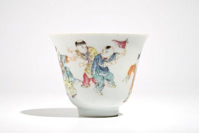 A Chinese famille rose wine cup with playing boys, Republic, 20th C.