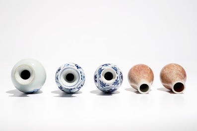 Vijf Chinese blauwwitte en koperrode miniatuurvaasjes, Kangxi