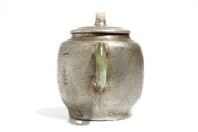 A Chinese inscribed pewter-encased Yixing stoneware teapot with jade, 20e eeuw