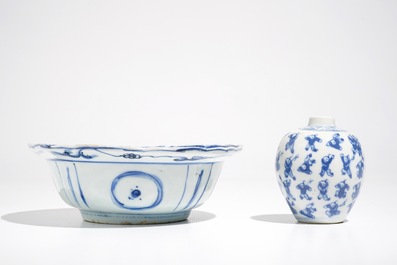 A Chinese blue and white klapmuts bowl, Wanli and a small globular '100 boys' vase, Kangxi mark, 19th C.