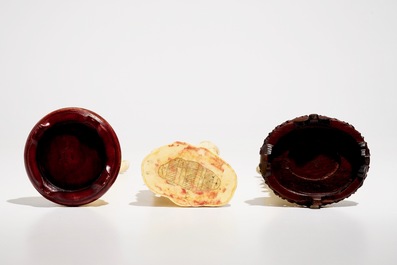 Two Chinese carved ivory figures of Guanyin and a Japanese okimono, 19/20th C.