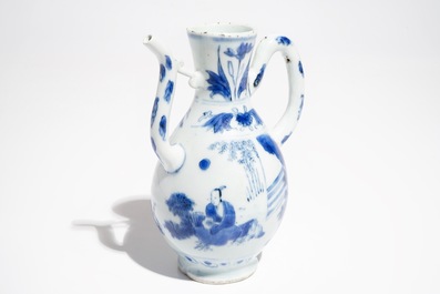 A Chinese blue and white jug with figures in a landscape, Transitional period