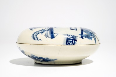 A round Chinese blue and white soft paste box and cover, Kangxi mark, 19th C.