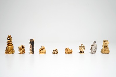 A collection of mostly Japanese carved ivory netsuke, Meiji/Taisho, early 20th C.