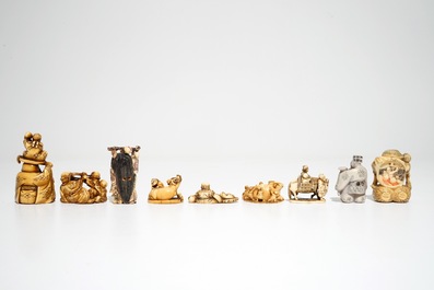 A collection of mostly Japanese carved ivory netsuke, Meiji/Taisho, early 20th C.
