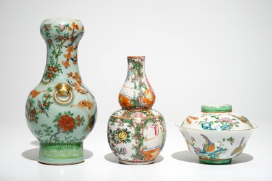 Two Chinese Canton famille rose vases and a covered bowl, 19th C.