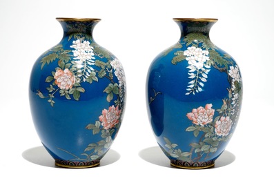 A pair of Japanese blue-ground cloisonn&eacute; vases, Meiji, late 19th C.