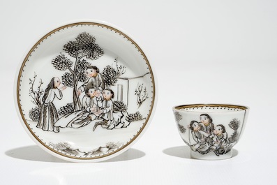 Six Chinese miniature grisaille cups and saucers with Jesuits, Qianlong