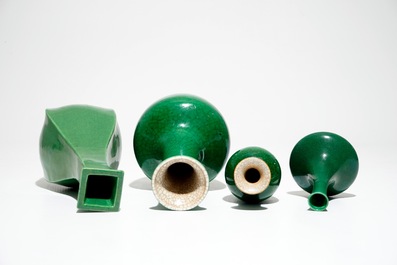 Four various Chinese monochrome green vases, 19/20th C.