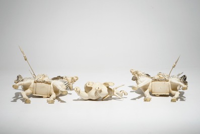 A pair of Chinese ivory figures of warriors on horseback and a small elephant, 19/20th C.