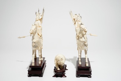 A pair of Chinese ivory figures of warriors on horseback and a small elephant, 19/20th C.
