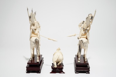 A pair of Chinese ivory figures of warriors on horseback and a small elephant, 19/20th C.