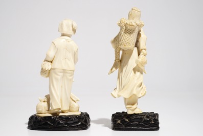 Two Chinese ivory figures on wooden stands, 2nd quarter 20th C.