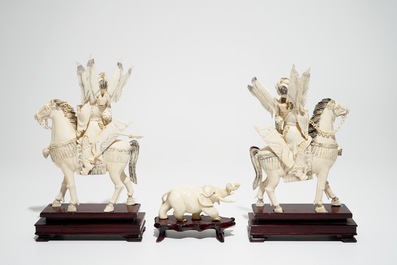 A pair of Chinese ivory figures of warriors on horseback and a small elephant, 19/20th C.