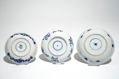 Thirteen Chinese blue and white cups and saucers, Kangxi and later