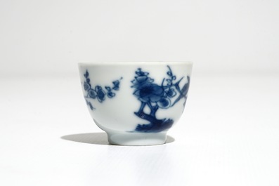 A set of five Chinese blue and white cups and saucers with birds among flowers, Kangxi