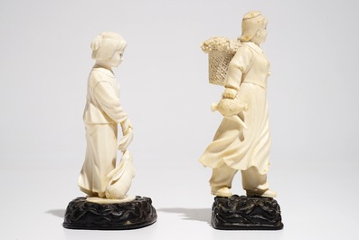 Two Chinese ivory figures on wooden stands, 2nd quarter 20th C.