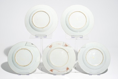 Five Chinese famille rose floral plates, Qianlong