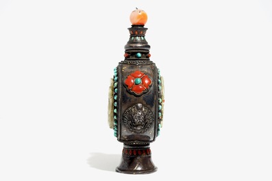 A Chinese Mongolian style jade-inlaid silver flask and stopper, 19th C.