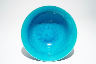 A Chinese monochrome turquoise bowl with incised design of horses, Kangxi mark, 19/20th C.