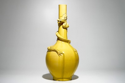 A tall Japanese Awaji monochrome yellow vase with applied dragon, Meiji, ca. 1900