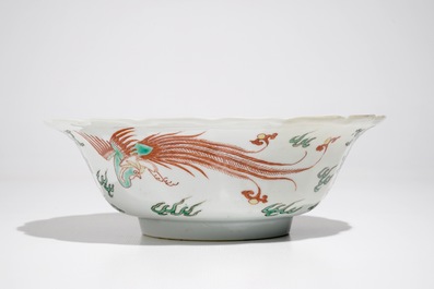 A Chinese famille verte lobed bowl with antiquities design, Kangxi